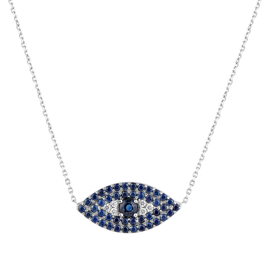 14K Gold Evil Eye Necklace with Diamond and Sapphire Accents - 4.66g