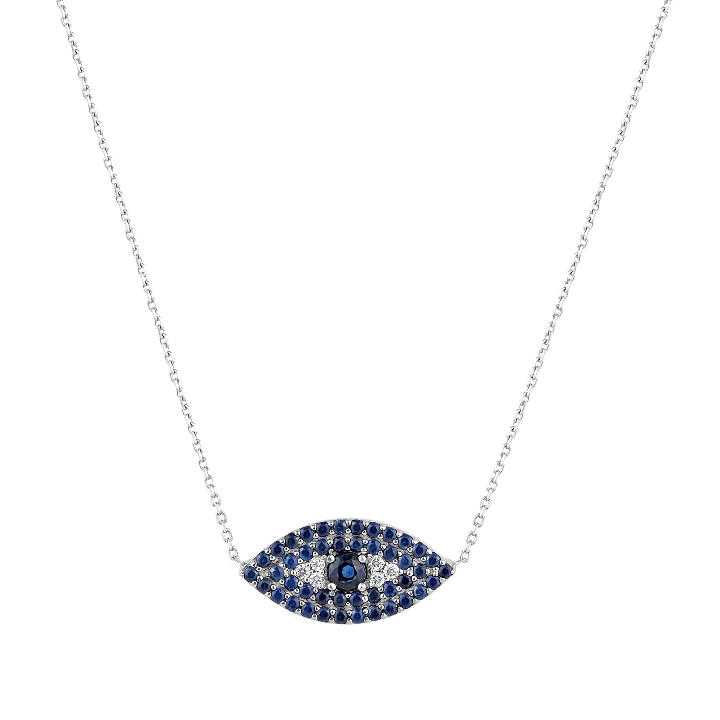 14K Gold Evil Eye Necklace with Diamond and Sapphire Accents - 4.66g