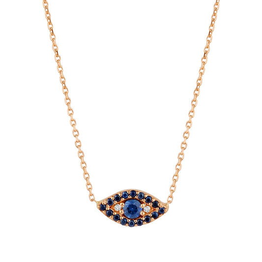 14K Rose Gold Evil Eye Necklace with Sapphire and Diamond Accents