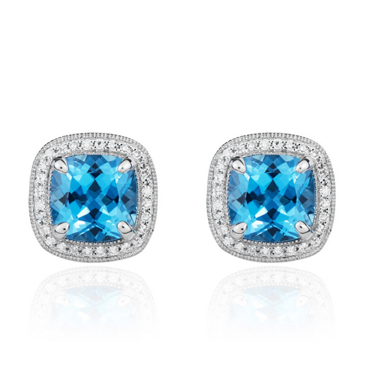 9K White Gold Swiss Blue Topaz & Diamond Cluster Earrings