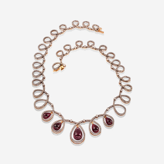 Rose Gold 5 Ruby Drops With Diamonds Necklace - Ref: KG00021