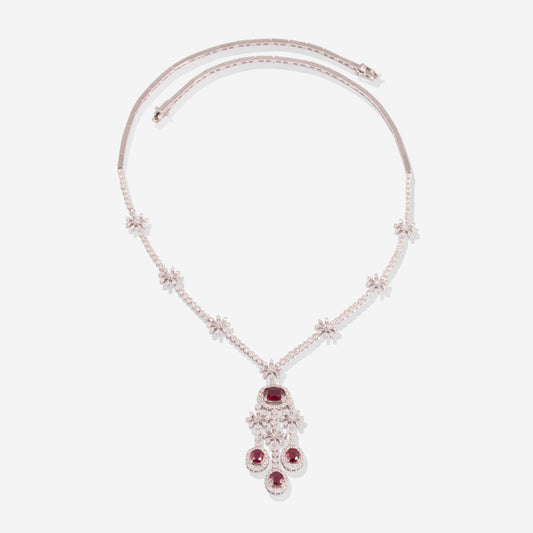 White Gold Dangling Rubies With Diamonds Necklace - Ref: RG01903