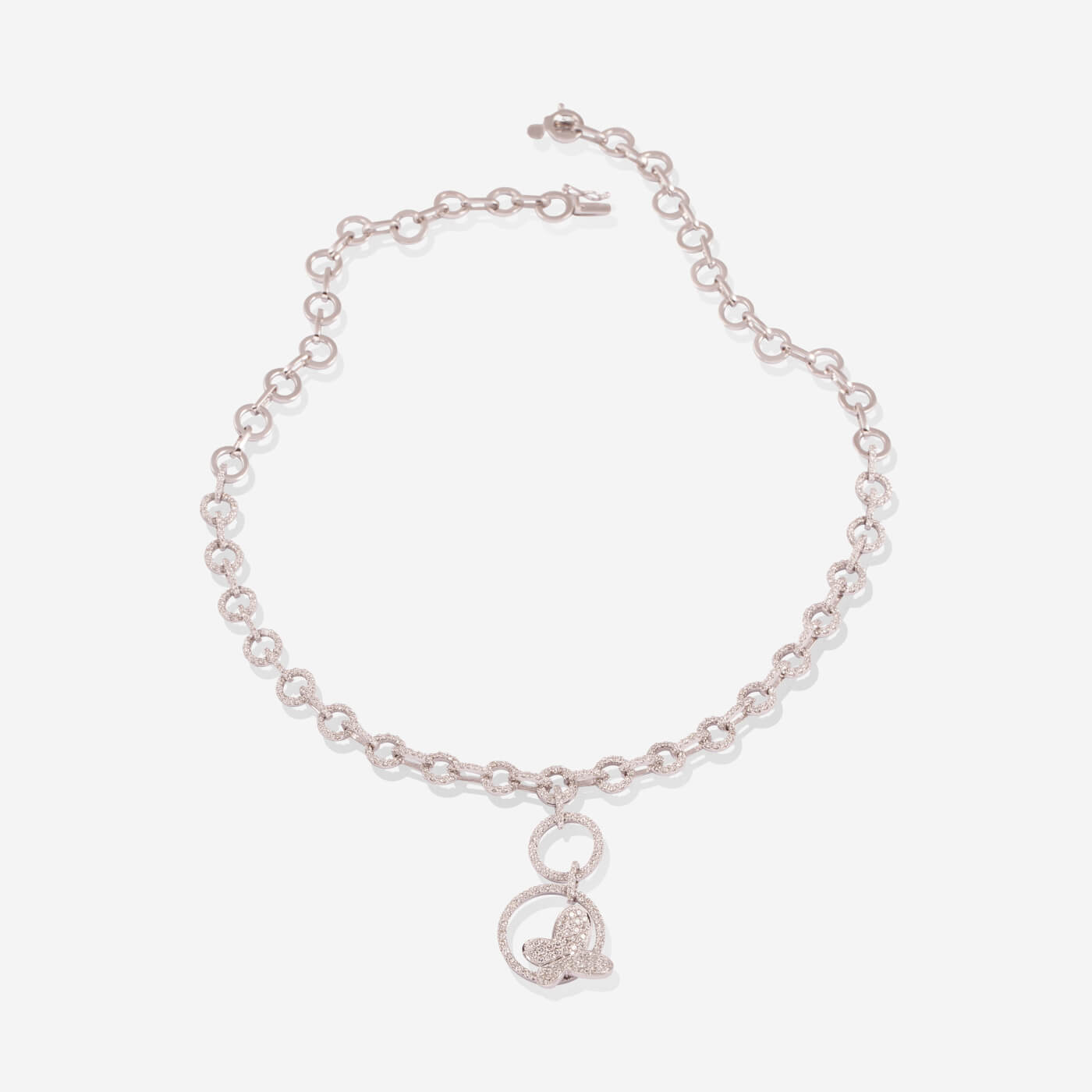 White Gold Butterfly on Circle With Diamonds Necklace - Ref: RG02859