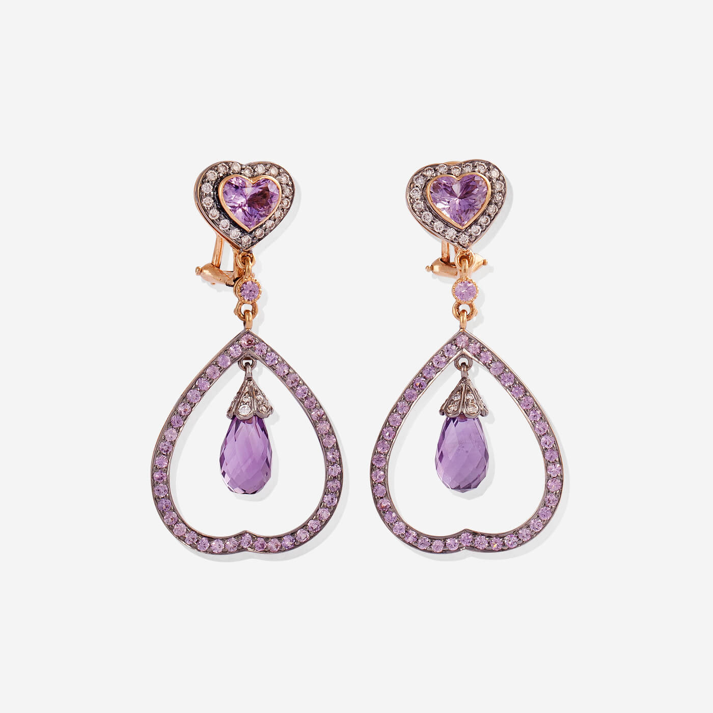 Yellow Gold Heart Amethysts With Diamonds Earrings - Ref: 3043EZ