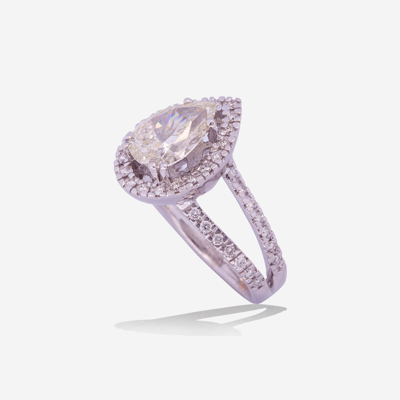 White Gold Pear Solitaire With Pave Diamonds Ring - Ref: RY03695