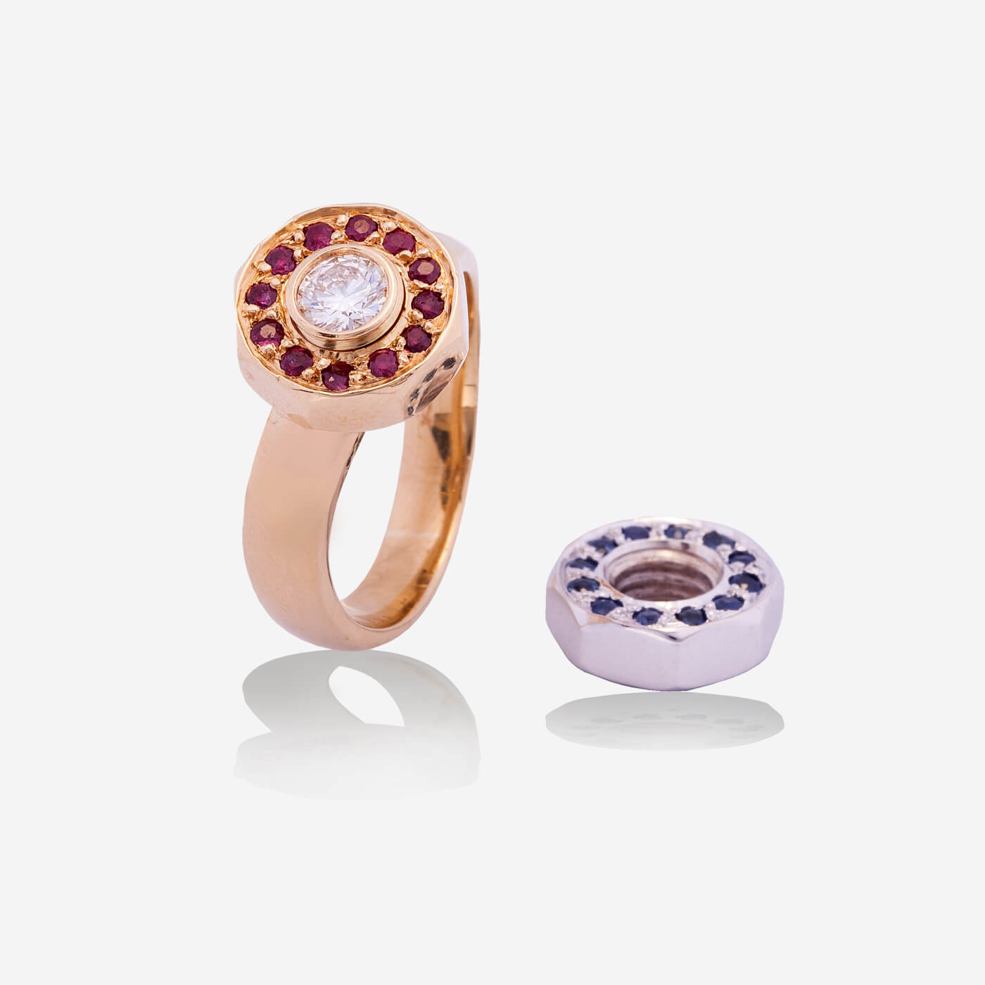 Multifunctional Yellow & White Gold Ring With Sapphire, Ruby, Emerald And Diamonds - Ref: RY05626