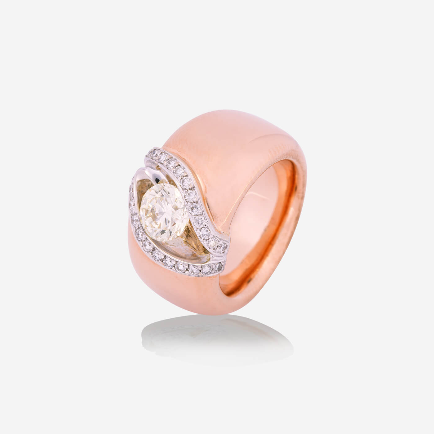 Rose & White Gold Round Floating Diamond With Pave Frame Ring - Ref: RY07485