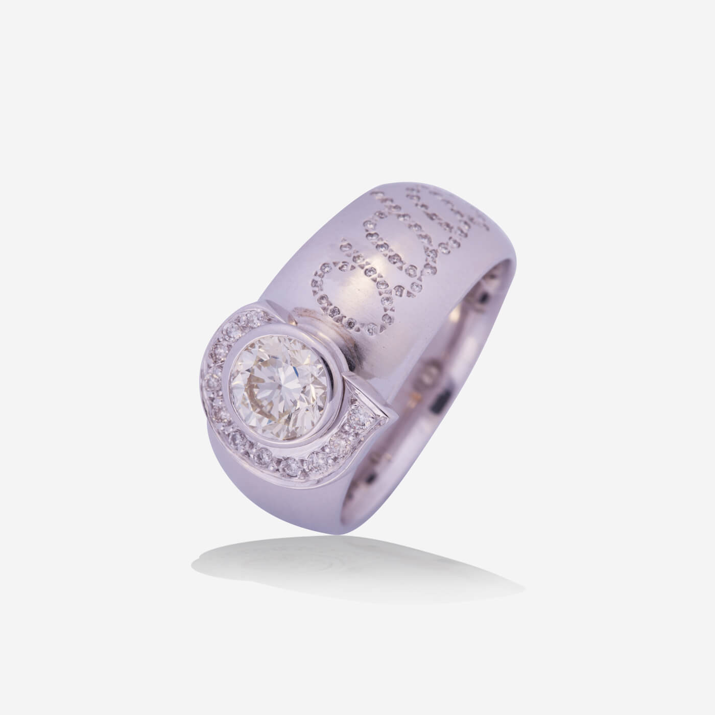 White Gold Round Solitaire With Half Side Pave Diamonds Ring - Ref: RY05676