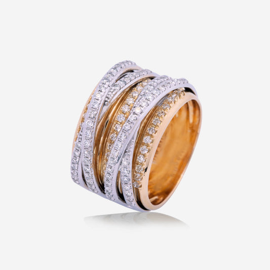 Yellow & White Gold Mixed Lines With Diamonds Thick Band Ring - Ref: RY07104