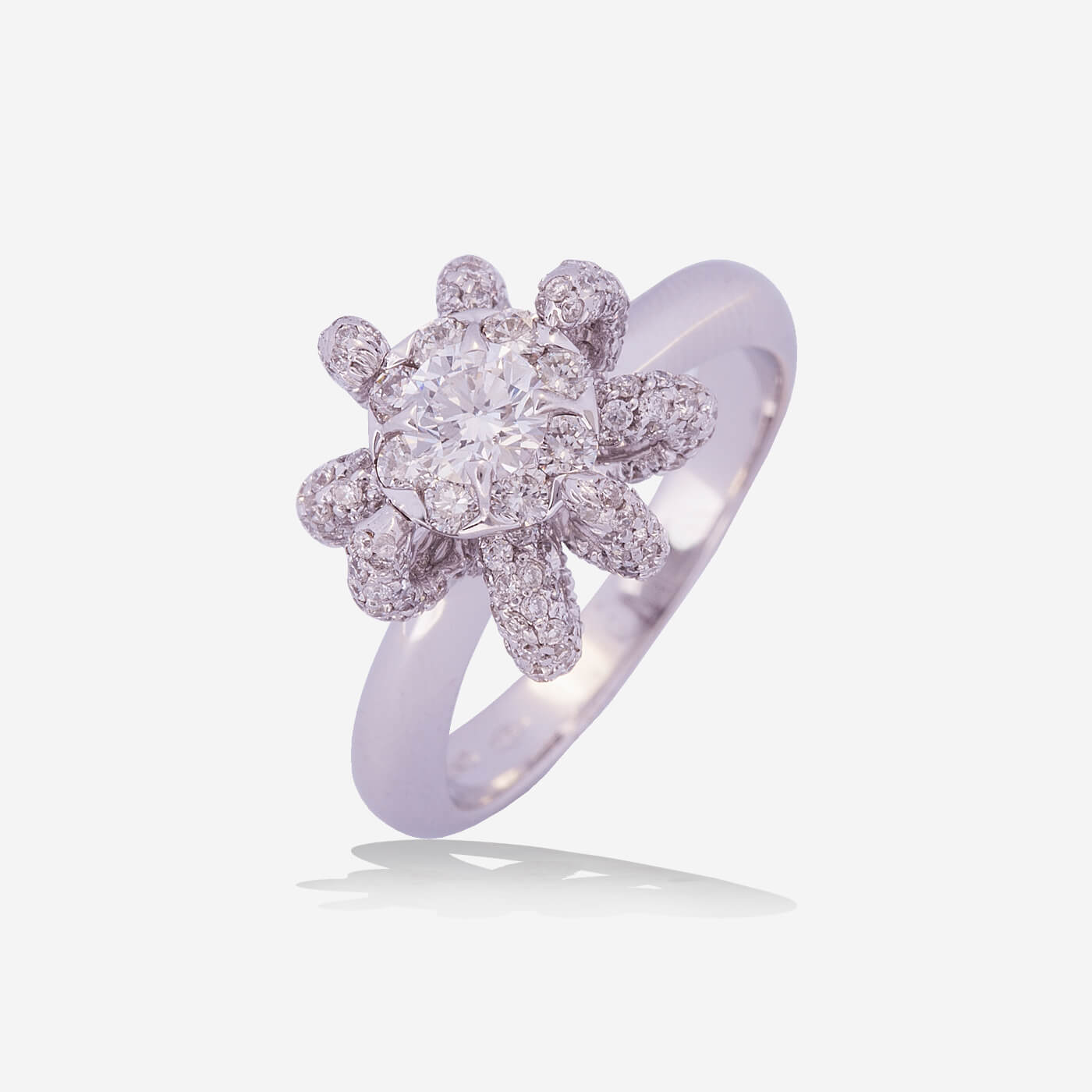 White Gold Round Solitaire With 7 Pave Nails Diamonds Ring - Ref: RY06589