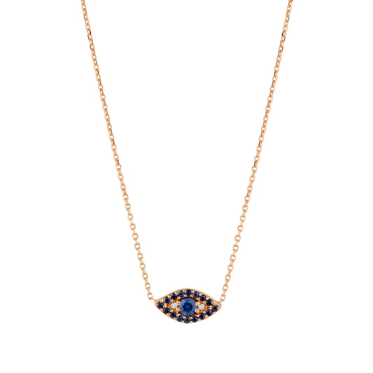 14K Rose Gold Evil Eye Necklace with Sapphire and Diamond Accents