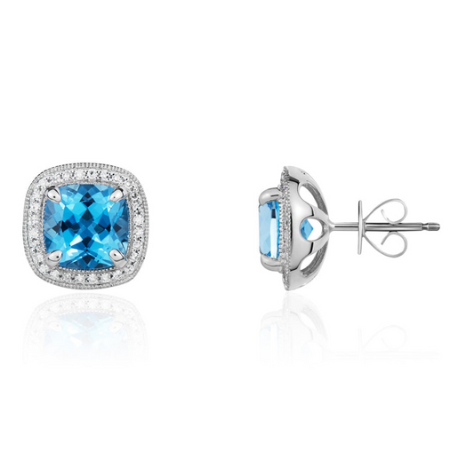 9K White Gold Swiss Blue Topaz & Diamond Cluster Earrings