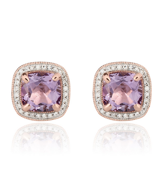 ROSE GOLD CUSHION PINK AMETHYST & DIAMOND CLUSTER EARRINGS