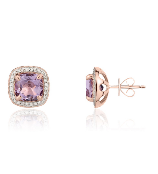 ROSE GOLD CUSHION PINK AMETHYST & DIAMOND CLUSTER EARRINGS