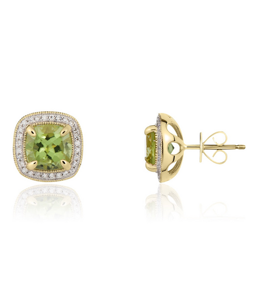 9K Yellow Gold Cushion Peridot & Diamond Cluster Earrings