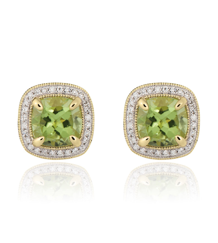 9K Yellow Gold Cushion Peridot & Diamond Cluster Earrings