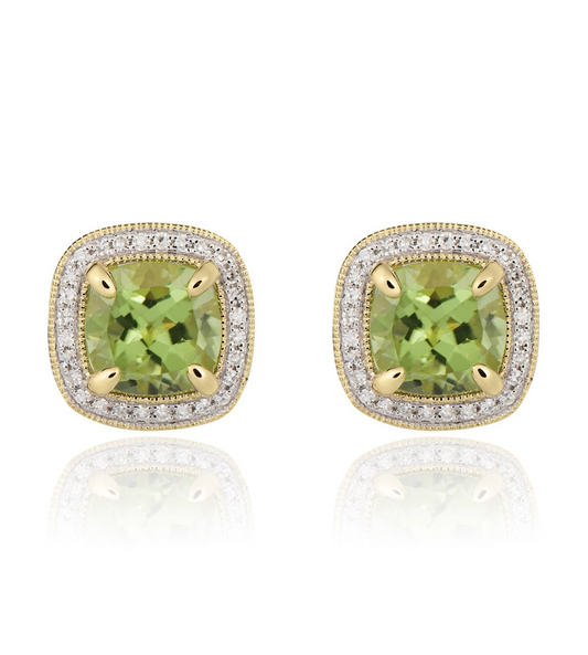 9K Yellow Gold Cushion Peridot & Diamond Cluster Earrings