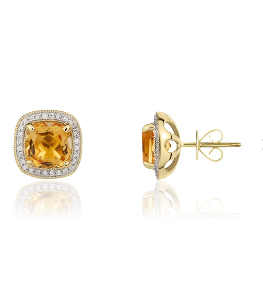 9K Yellow Gold Cushion Citrine & Diamond Cluster Earrings