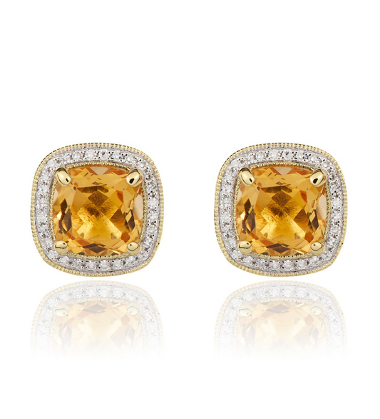 9K Yellow Gold Cushion Citrine & Diamond Cluster Earrings