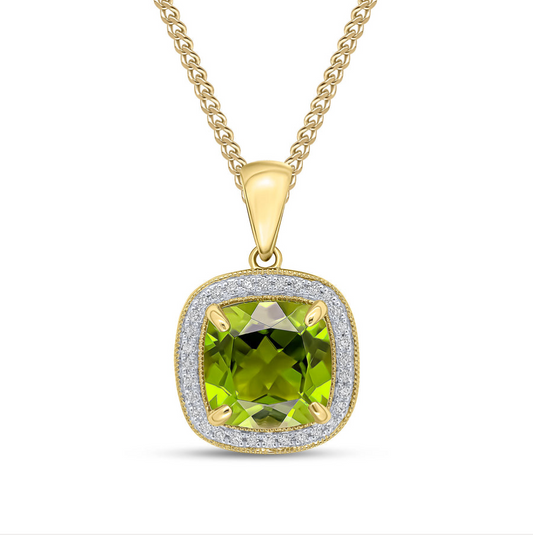 9K Yellow Gold Cushion Peridot & Diamond Cluster Pendant Necklace