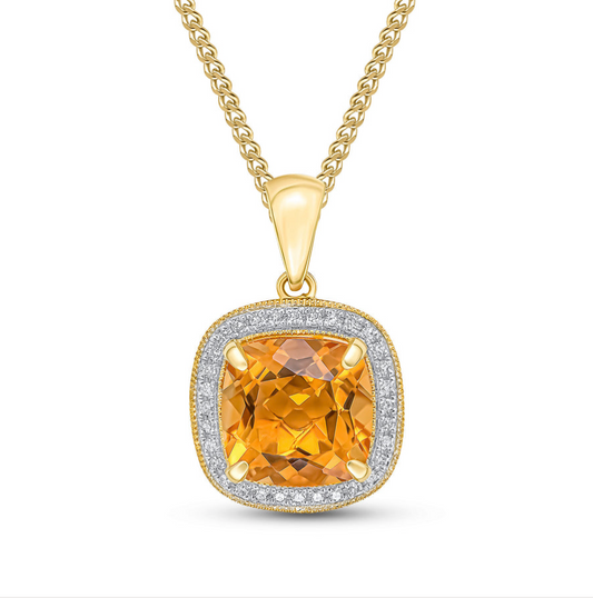 9K Yellow Gold Cushion Citrine & Diamond Cluster Pendant Necklace