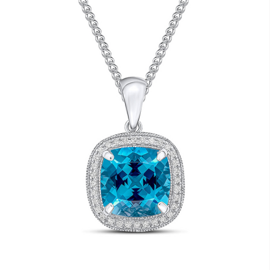 9K White Gold Cushion Swiss Blue Topaz & Diamond Cluster Pendant Necklace