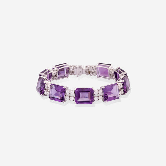 White Gold Square Amethysts With Diamonds Bracelet - Ref: RB01550