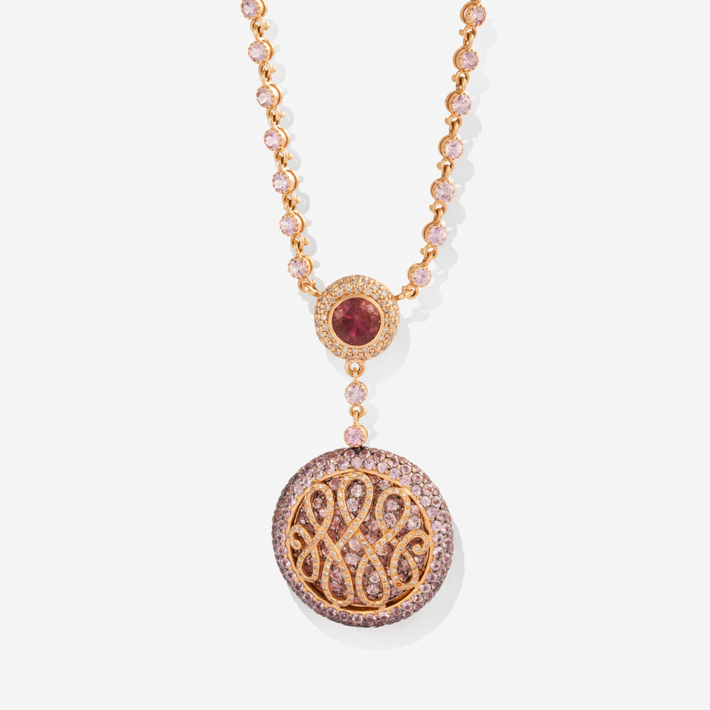 Yellow Gold Big Disc With Sapphire, Tourmaline and Diamonds Necklace - Ref:1831NZ