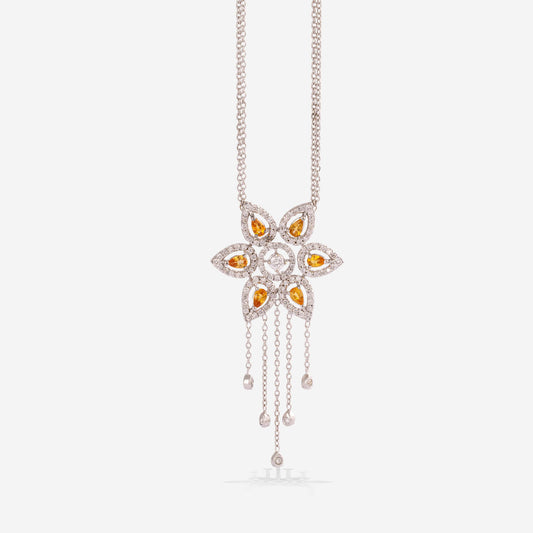 White Gold Citrine Flower With Diamonds Necklace - Ref: RG02963