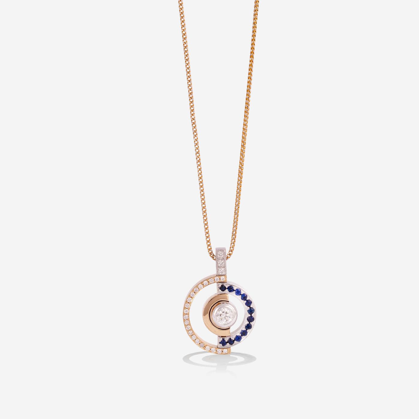 Multi Functional Full & Half Moon Yellow Gold Sapphire With Diamonds Necklace - Ref: RG03036