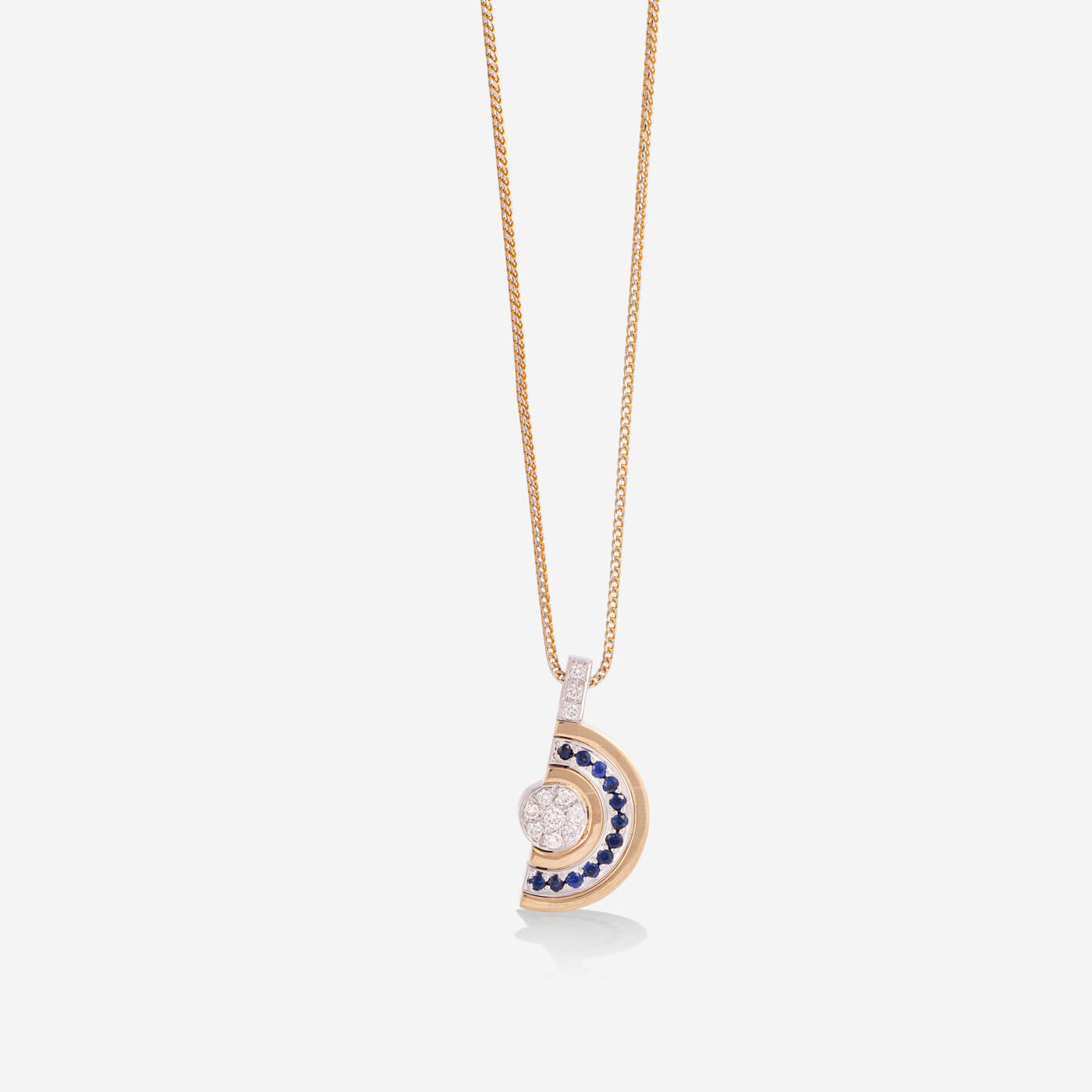 Multi Functional Full & Half Moon Yellow Gold Sapphire With Diamonds Necklace - Ref: RG03036