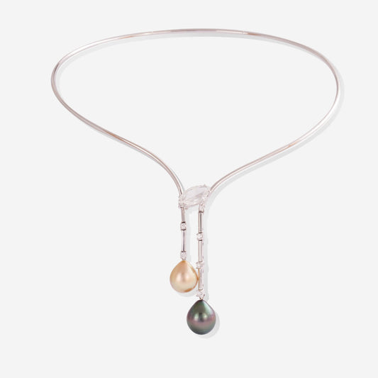 White Gold 2 Dangling Pearls With Diamonds Necklace - Ref: RG04367