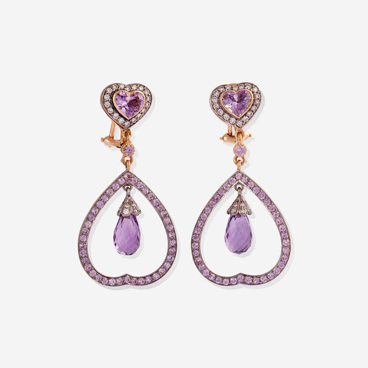 Yellow Gold Heart Amethysts With Diamonds Earrings - Ref: 3043EZ