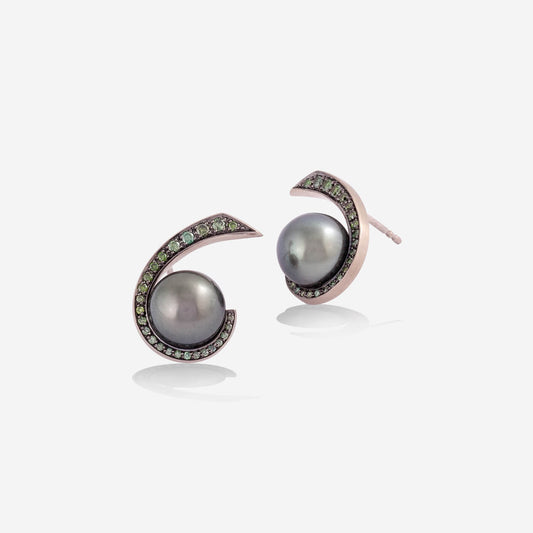 White Gold Grey Pearl With Diamonds Stud Earrings - Ref: RK02506