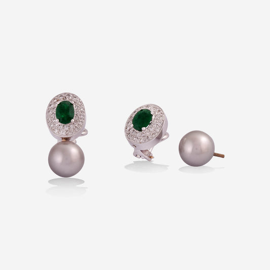 White Gold;Grey Pearl and Emerald With Diamond Earring