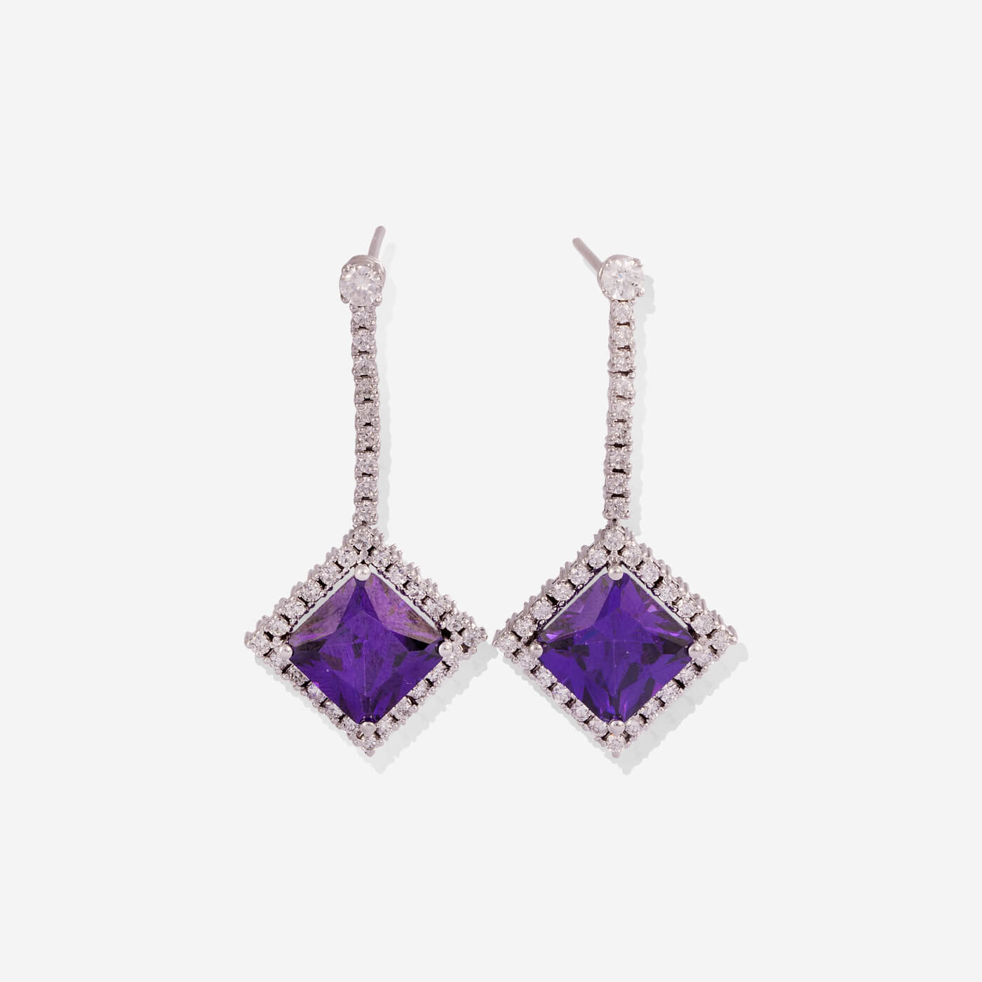 White Gold Square Amethysts With Diamonds Earrings - Ref: RK02677