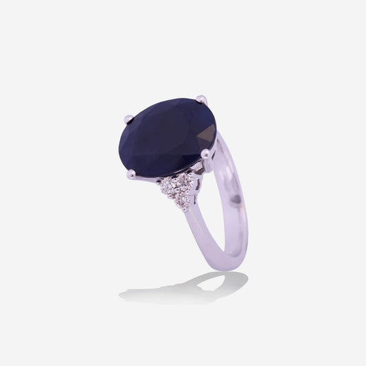 White Gold Sapphire With Side Diamonds Ring - Ref: RY07531