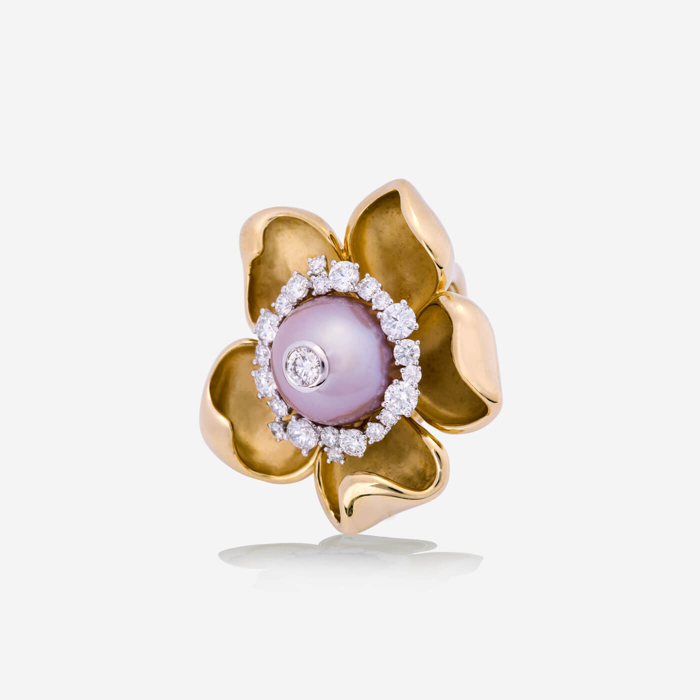 Yellow Gold Flower Pink Pearl With Diamonds Ring - Ref: RY07002