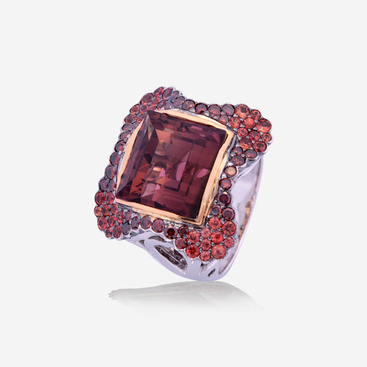 White Gold Square Red Tourmaline With Diamonds Ring - Ref: 15942Z