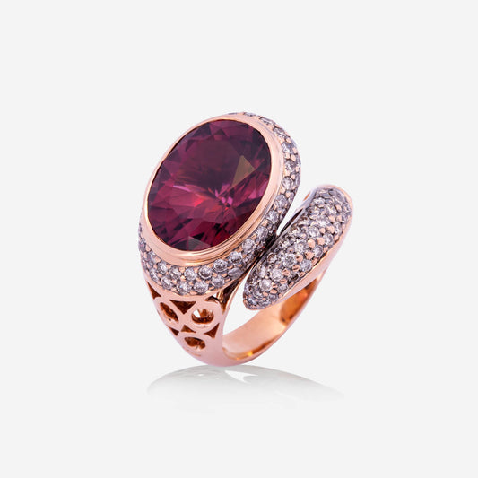 Rose Gold Red Tourmaline With Diamonds Serpent Ring - Ref: 16004Z