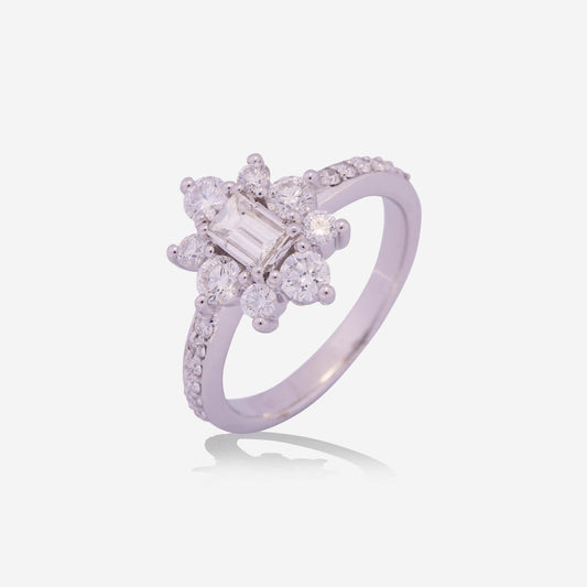 White Gold Baguette Diamond With Diamonds Flower Ring - Ref: RY04694