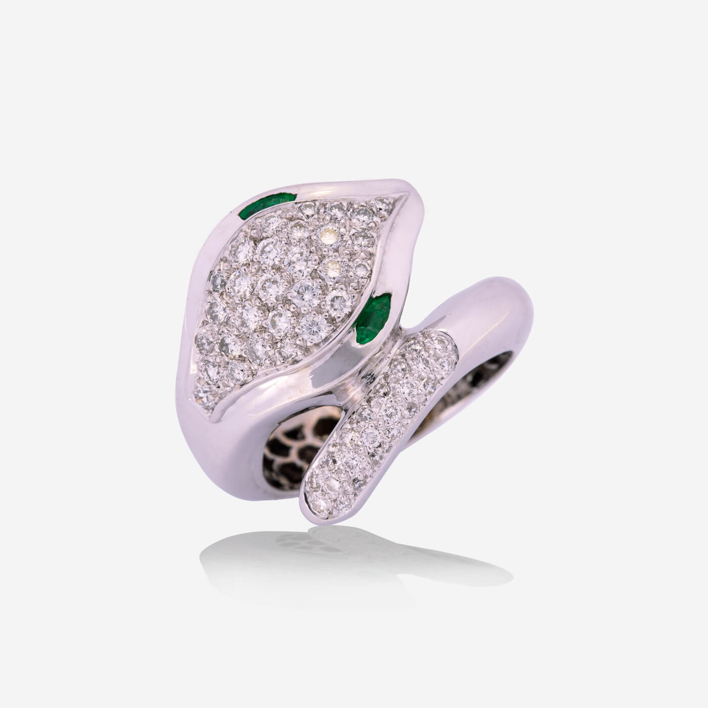 White Gold Serpent Emerald Eyes and Diamonds Ring - Ref: BY00273