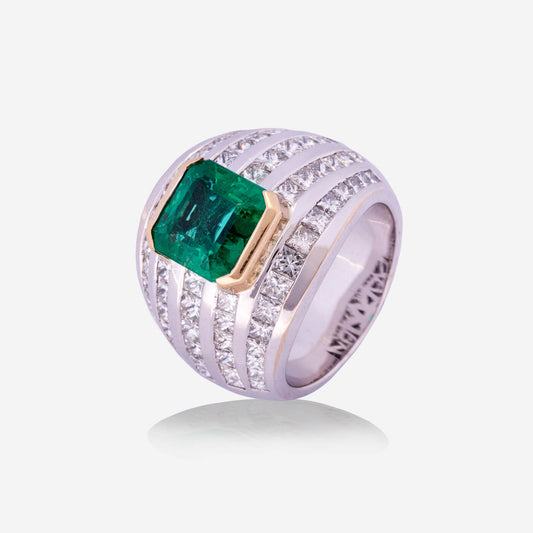 White & Yellow Gold Square Emerald With Diamonds Ring - Ref: KY00052