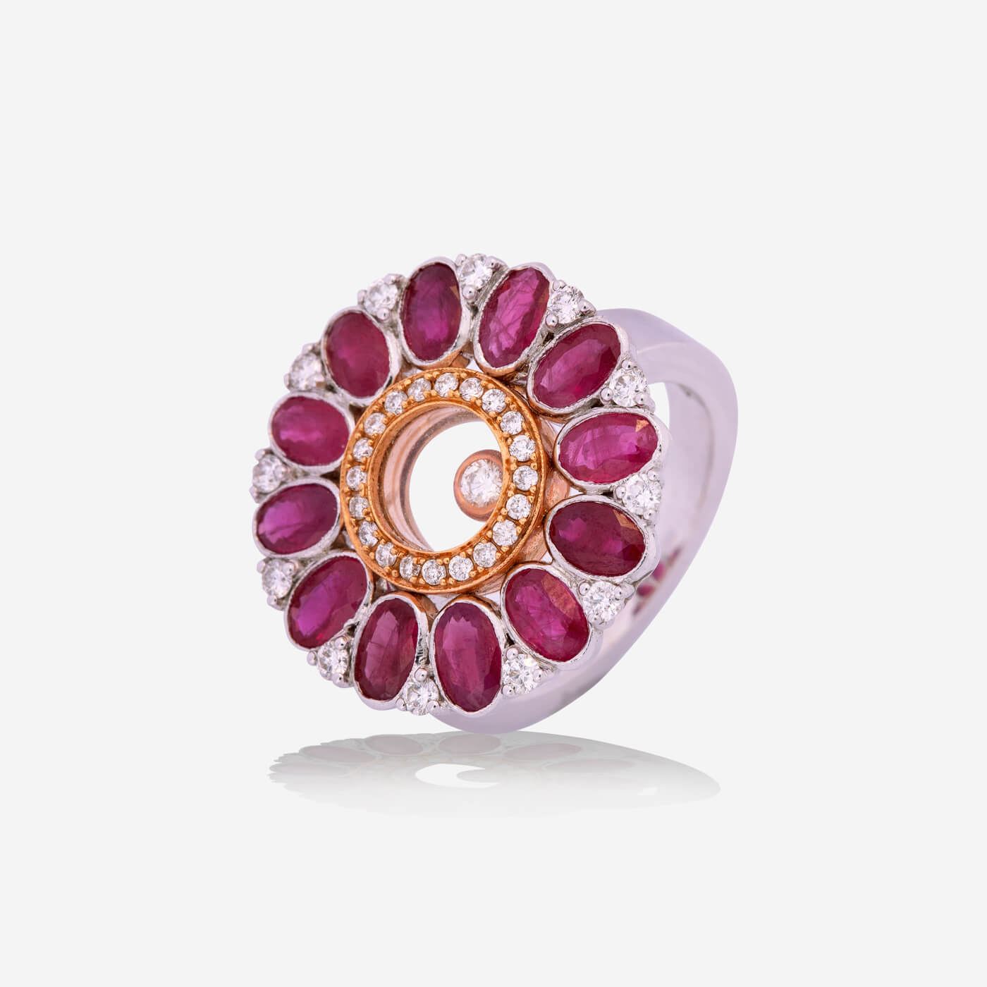 White & Yellow Gold With Oval Rubies with Diamonds Ring - Ref: KY00066