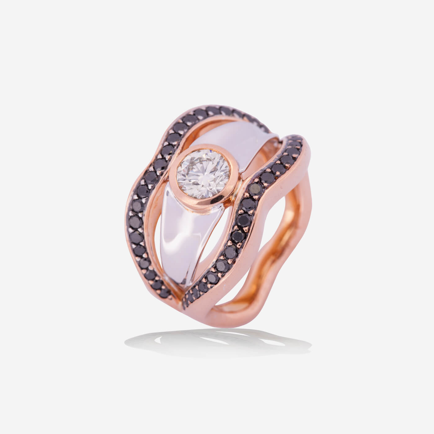 Rose & White Gold Round Diamond With Black Diamonds Lines Ring - Ref: RY07295