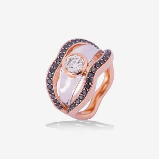 Rose & White Gold Round Diamond With Black Diamonds Lines Ring - Ref: RY07295