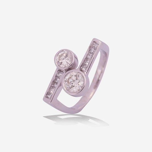 White Gold 2 Rounds with Lines Diamonds Ring - Ref: RY06210