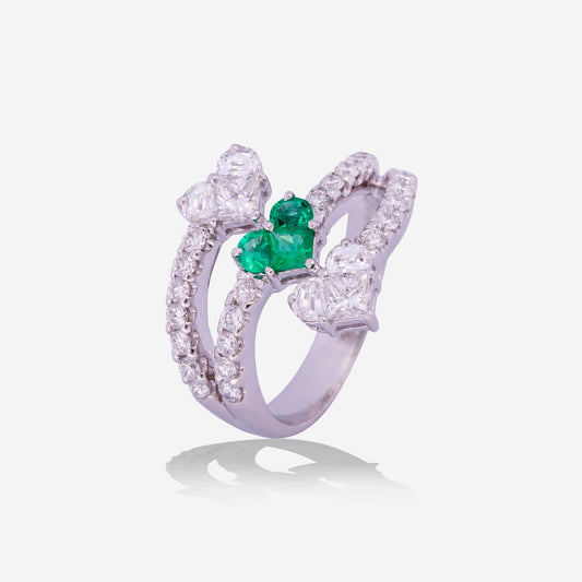 White Gold 3 Hearts Emerald With Diamonds Ring - Ref: BY00297